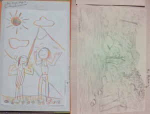 My 8-year-old's drawing and my drawing underneath it.